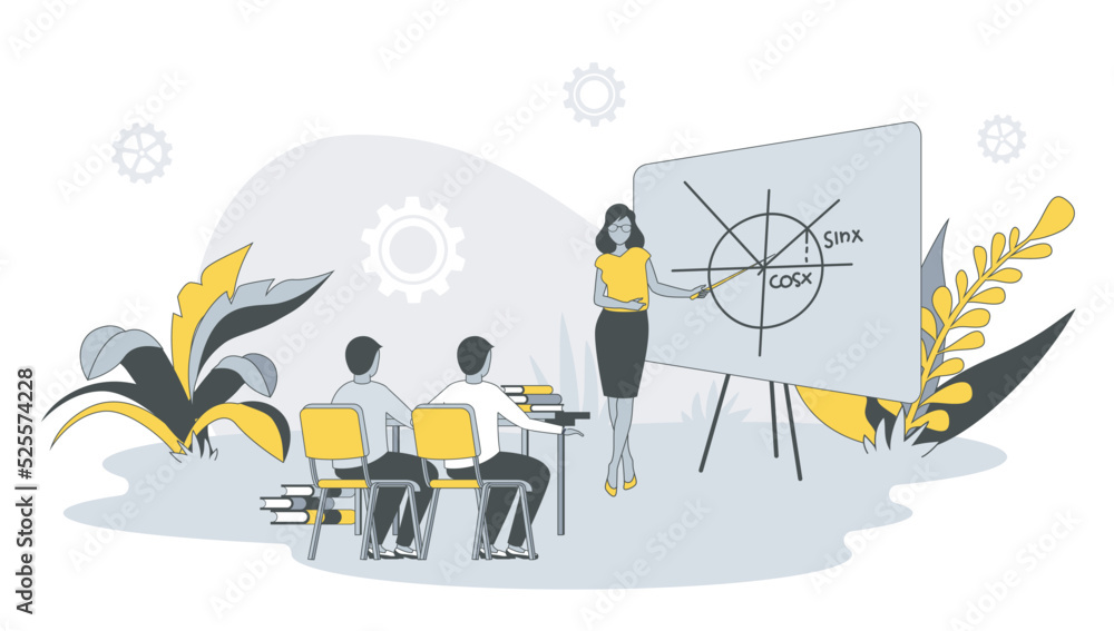 Poster teaching concept in flat design with people. woman teacher explain lesson and showing on blackboard,