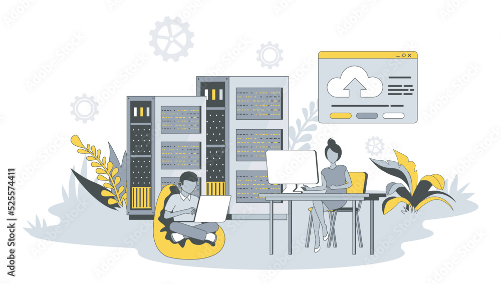 Fototapete web hosting concept in flat design with people. man and women working at data center server, using c