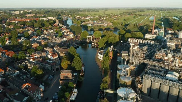 Flying On Historical Museumhaven Gouda Near Red Lion Windmill And Croda Nederland B.V. In Netherlands. Aerial Shot
