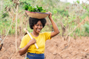 african farmer carrying vegetables and a hoe