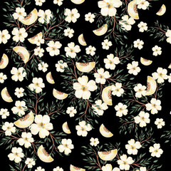 Watercolor seamless pattern with flowers and brunches. Illustration 