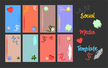 Design 8 backgrounds for social networks in cartoon style. Fashionable editable template for social media stories, letterhead, vector illustration.Crosses, hearts, lines on the background.Funny backgr