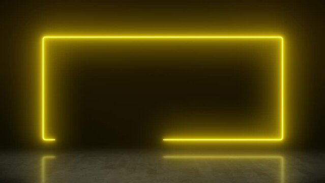 Video animation of glowing neon rectangle in orange on reflecting floor. - Abstract background - seamless loop