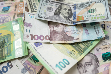 dollars euro and uah hryvnia bills, exchange concept