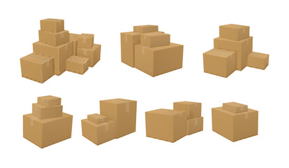 Stack of cardboard boxes set isometric vector illustration