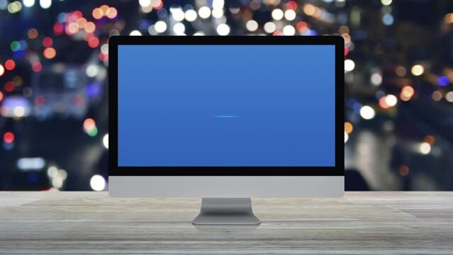 Law flat icon on desktop modern computer monitor screen on wooden table over blur colorful night light traffic jam road in city, Business legal service online concept