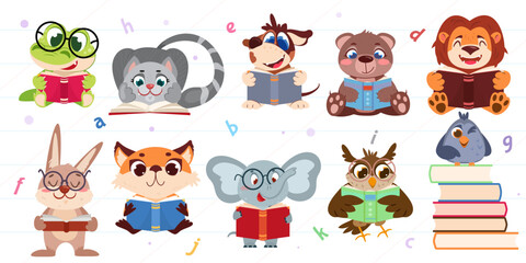 Set of cute cartoon animals and birds reading books. Smart funny owl, rabbit, crocodile and elephant in glasses study of literature. Pupil characters read stories for kids flat vector illustration.