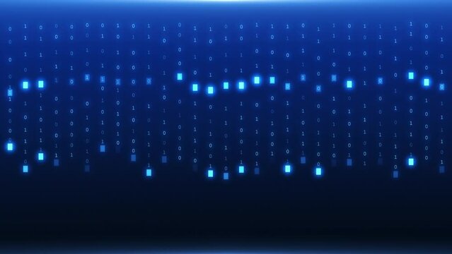 Binary code blue background with digits moving on screen. Algorithm binary, hud interface, data code, decryption and encoding, row matrix background.