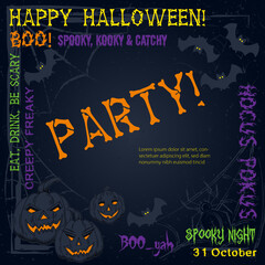 Halloween poster for scary party. Invitation, flyer template with sihouette of pumpkins, bat, spider, spiderweb. Text frame with common holiday halloween words.