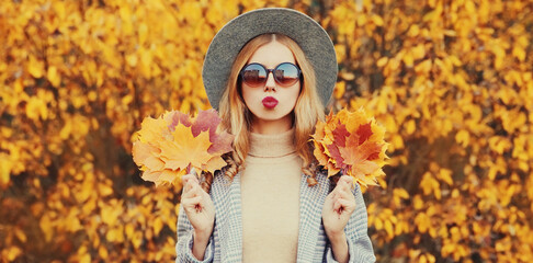 Autumn portrait of beautiful young woman with yellow maple leaves blowing her lips wearing round...