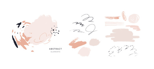Collection of various abstract elements. Pastel beige shapes and brush strokes. Vector design template. 