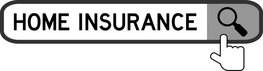 Search banner in word home insurance with hand over magnifier icon on white background