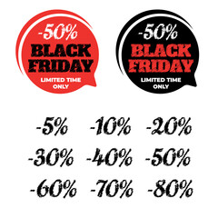 Two beautiful modern promotional stickers in black and red with a shaded inscription black friday, 50 percent limited time only on them on a white background. Black Friday labels. Black friday sale up