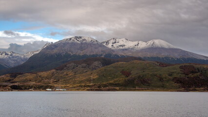 Snow covered Martial Mountains above the Beagle Channel, in Ushuaia, Argentina