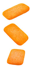 Nuggets in crispy breading, chicken or fish,  falling, hanging, flying, soaring, isolated on white background with clipping path.
