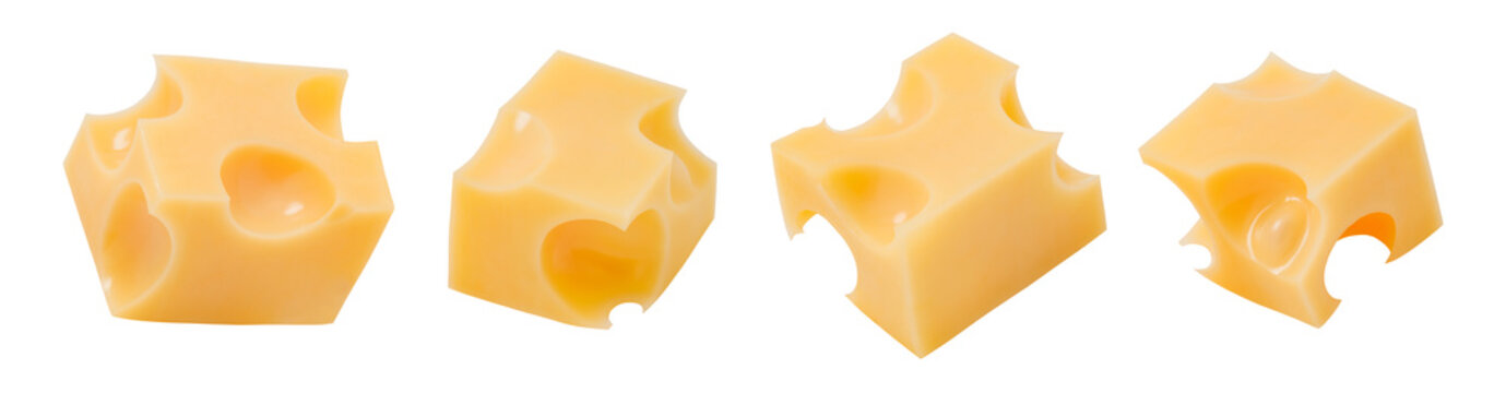 Maasdam cheese, diced, set of four pieces, close-up, isolated on white background with clipping path, element of packaging design. Full depth of field.