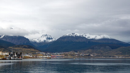 Martial Mountains covered in snow above the town of Ushuaia, Argentina, on the Beagle Channel