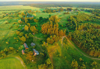 Village wooden house. Country houses in countryside, aerial view. Rural building and farmhouse in...