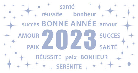 Bonne ann&eacute;e 2023 ! Carte blanche et bleu gris argent&eacute; en fran&ccedil;ais. Banni&egrave;re vectorielle.