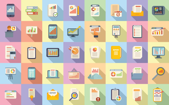 Business report icons set flat vector. File document