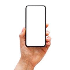 Mobile phone's mockup with empty blank screen in hand, transparent background - 525581053