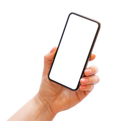 Woman holding mobile phone in hand, transparent background