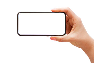 Woman holding mobile phone horizontally in hand, transparent background