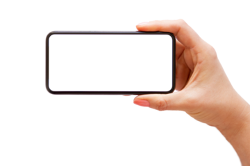 Woman holding mobile phone horizontally in hand, transparent background