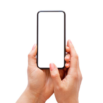 Woman holding mobile phone in hands, transparent background