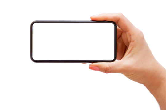 Woman holding mobile phone horizontally in hand, transparent background