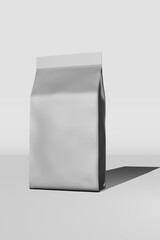 Silver pouch bag branding premium quality luxury 3D rendering. Packaging design Foil metallic coffee bean Food snack product standing box bottom pack template.Shop delivery sale discount demonstration