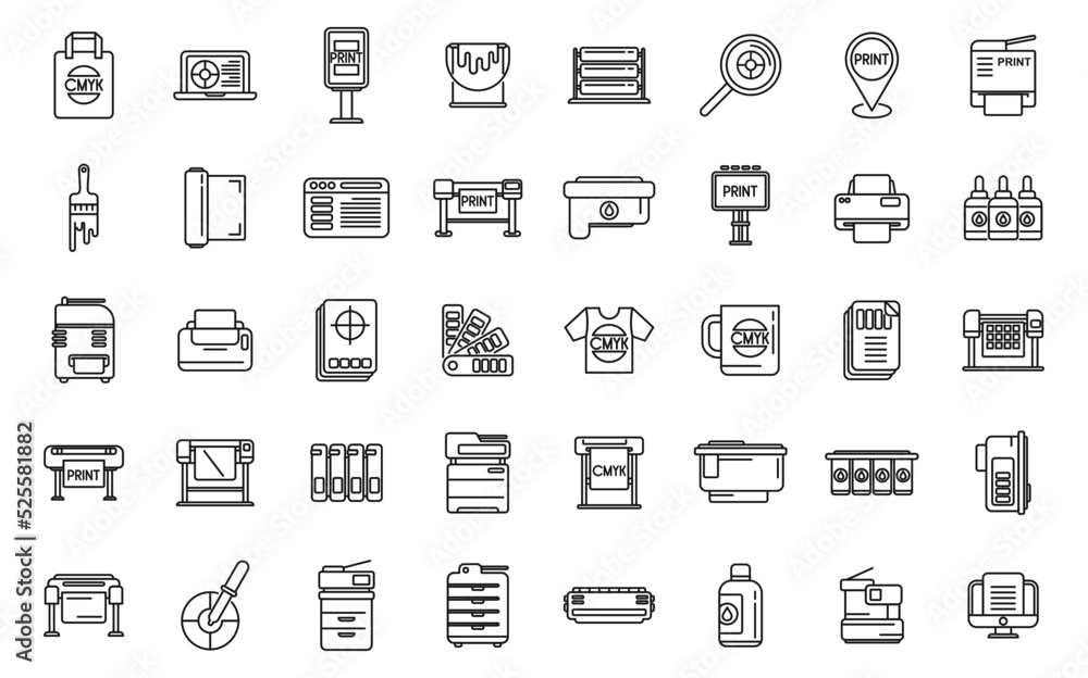 Aufkleber digital printing icons set outline vector. computer printer
