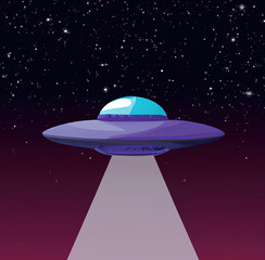 2D flat illustration of UFO in space with beam from below. Minimalist illustration of alien spaceship, galaxy background, cartoon design. Large print for poster, card, canvas, cover, banner, fabric. - 525581847