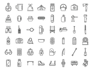 Fototapeta premium Equipment for hike icons set outline vector. Hiker backpack