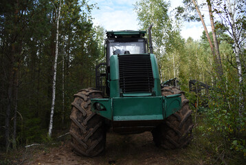 Crane forwarder machine during clearing of forested land. Wheeled harvester transports raw timber from felling site out. Harvesters, Forest Logging machines. Forestry forwarder on deforestation.