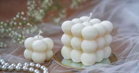 Soy handmade candles. Two natural white bubble candles. Decor 
