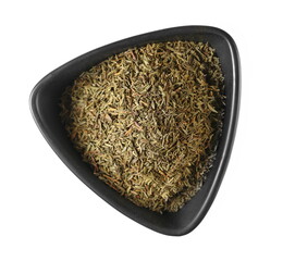 Dry thyme, chopped breckland in ceramic bowl isolated on white, top view 