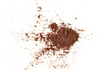 Cocoa powder pile isolated on white background, top view