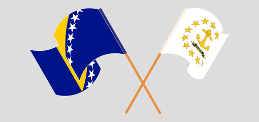 Crossed and waving flags of Bosnia and Herzegovina and the State of Rhode Island