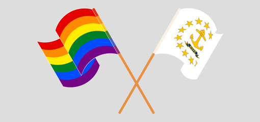 Crossed and waving flags of LGBTQ and the State of Rhode Island