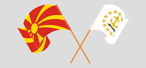 Crossed and waving flags of North Macedonia and the State of Rhode Island