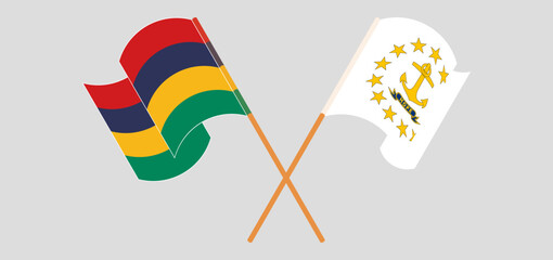 Crossed and waving flags of Mauritius and the State of Rhode Island