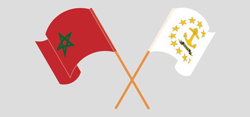 Crossed and waving flags of Morocco and the State of Rhode Island