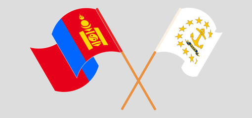 Crossed and waving flags of Mongolia and the State of Rhode Island