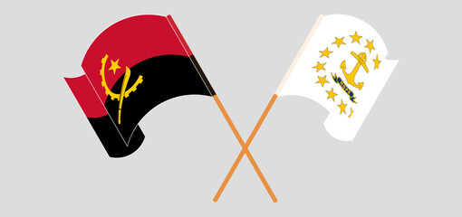 Crossed and waving flags of Angola and the State of Rhode Island