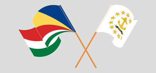 Crossed and waving flags of Seychelles and the State of Rhode Island