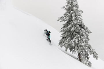 male snowboarder fast sliding down snow covered slope among fir tree.