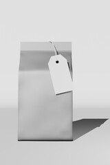 Silver pouch bag branding price tag card 3D rendering. Premium packaging design Foil metallic coffee bean Food snack product standing box bottom pack template.Shop delivery sale discount demonstration