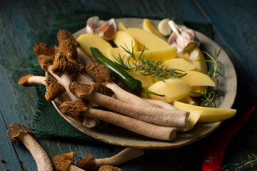 Morel forest mushrooms with potatoes