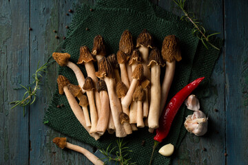 Morel forest mushrooms with spices and vegetables